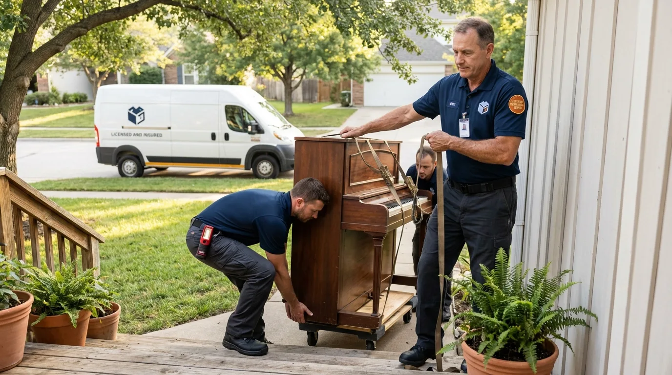 Licensed piano movers securing grand piano in Monroe, WA