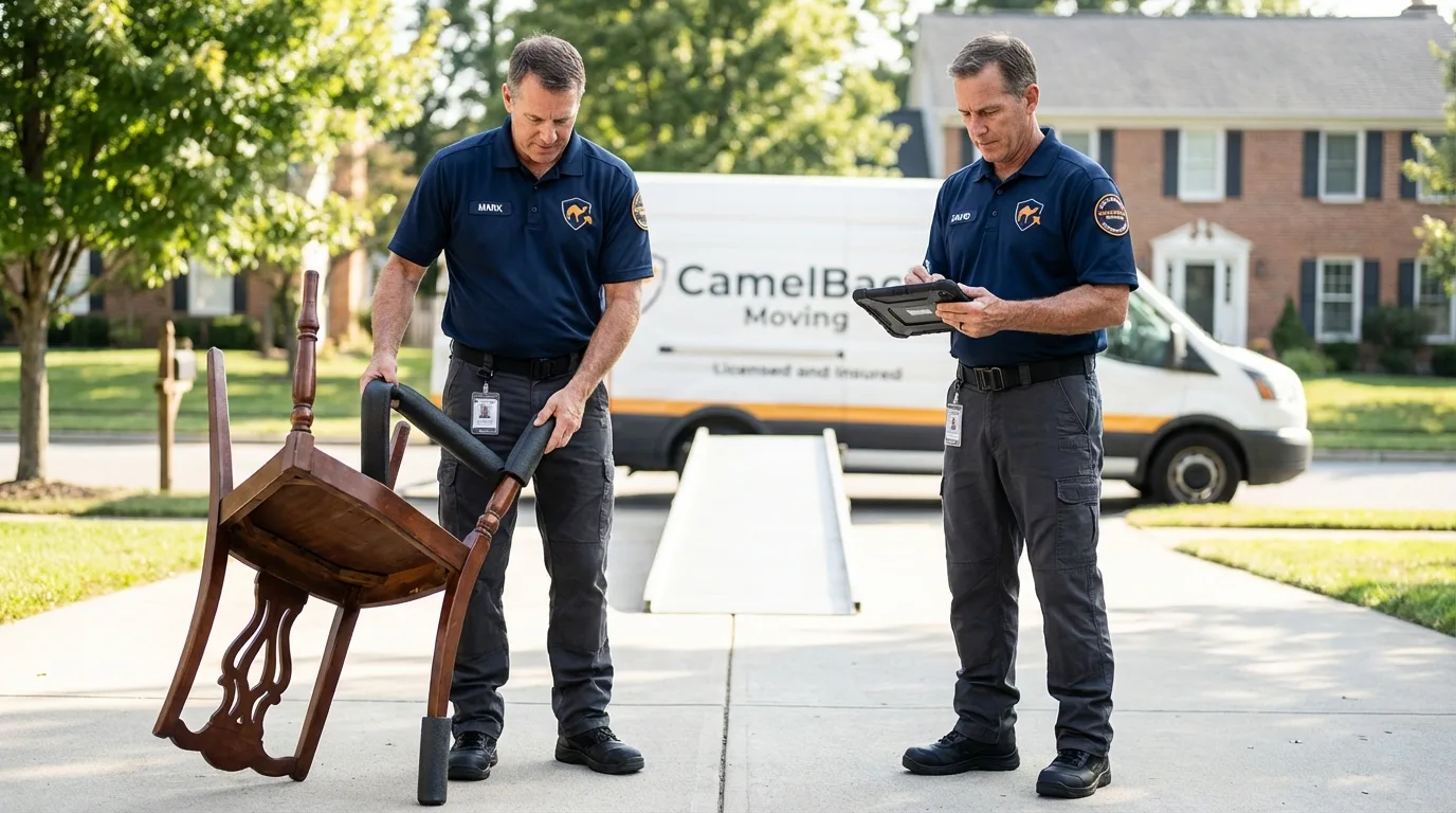 Movers inspecting furniture for damage prevention before loading in Monroe, WA