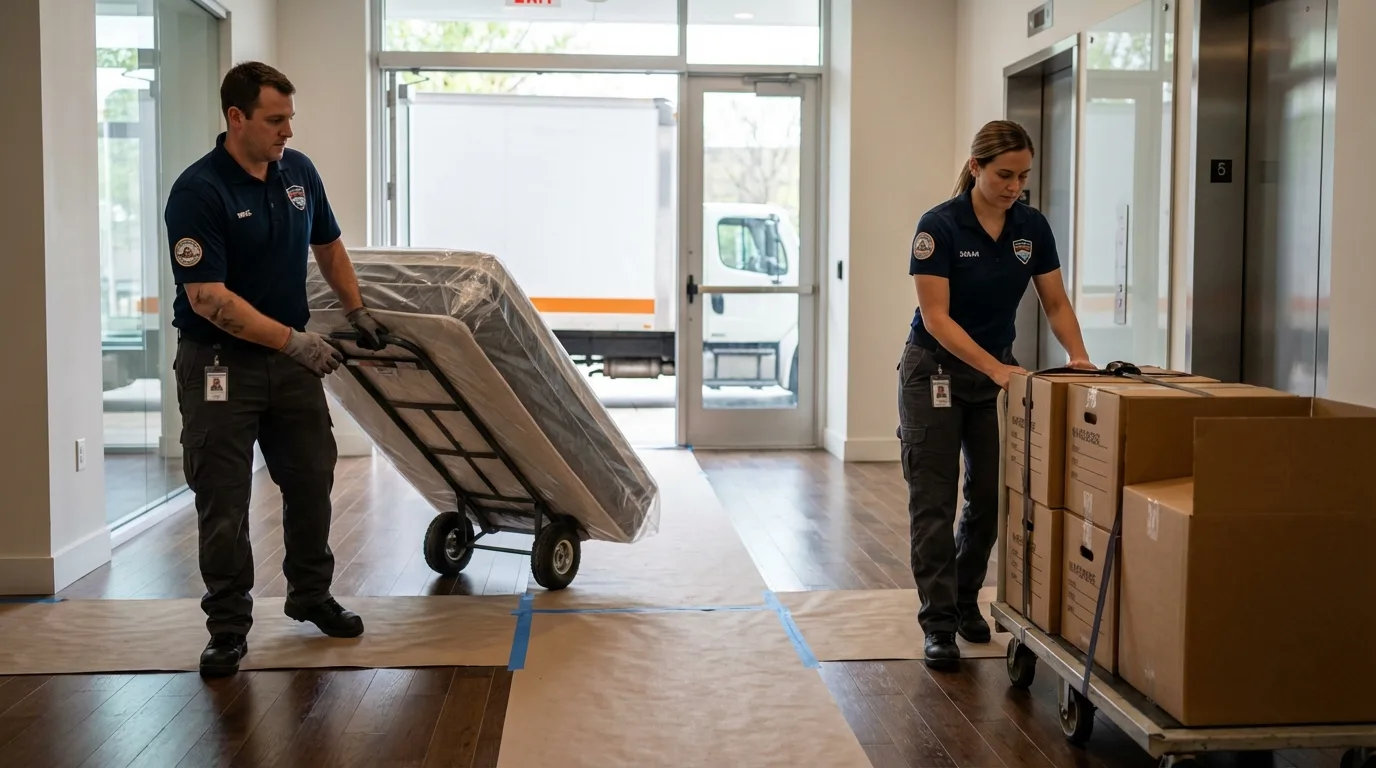 Professional apartment movers loading elevator in Monroe, WA